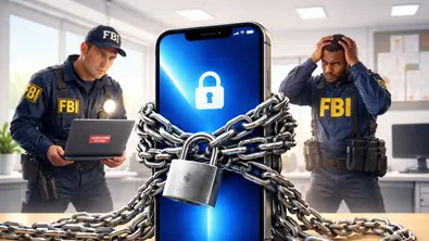 Ein hell beleuchtetes Büro: Im Mittelpunkt steht ein mit Ketten und Schloss gesichertes iPhone mit leuchtendem Sperrsymbol, während zwei FBI-Ermittler im Hintergrund vergeblich versuchen, Zugriff zu erhalten – ein Sinnbild für starke Datensicherheit und Privatsphäre. - Foto: tvmovie/chatGTP
