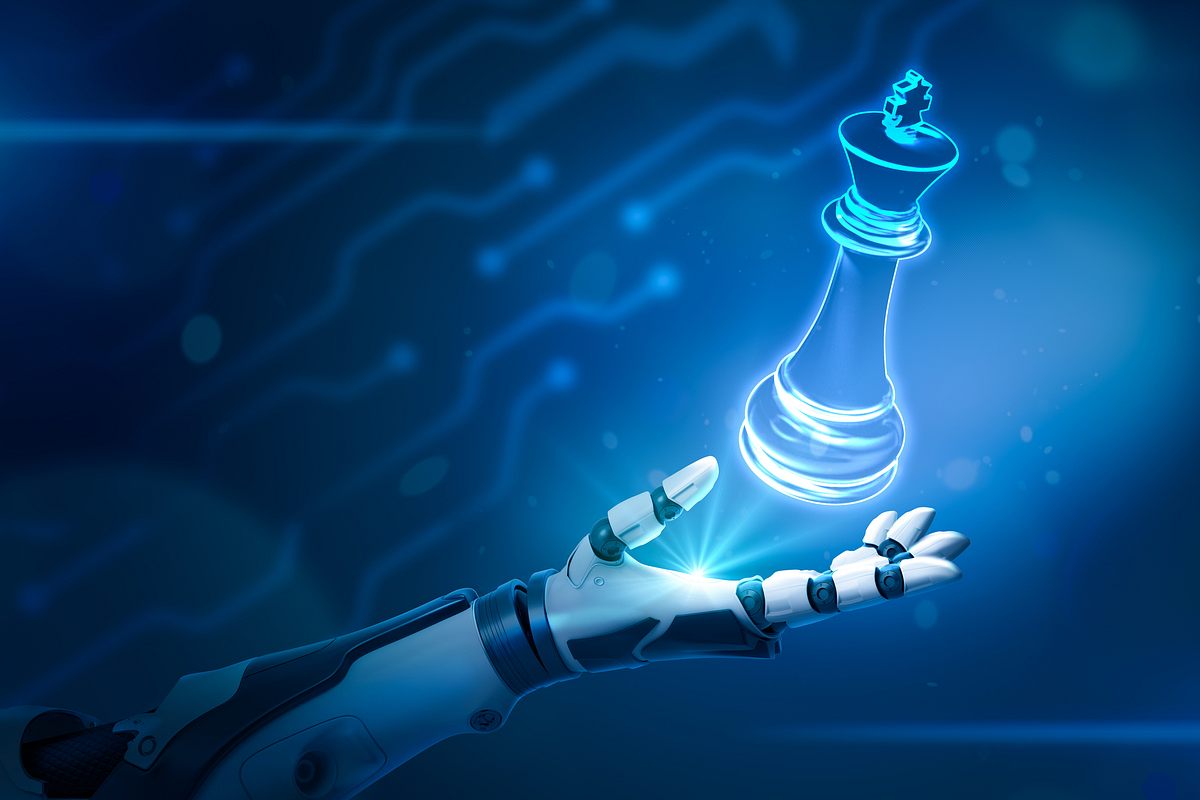 Schachcomputer Eine Schachfigur schwebt über einer Roboterhand vor einem futuristischen Hintergrund.