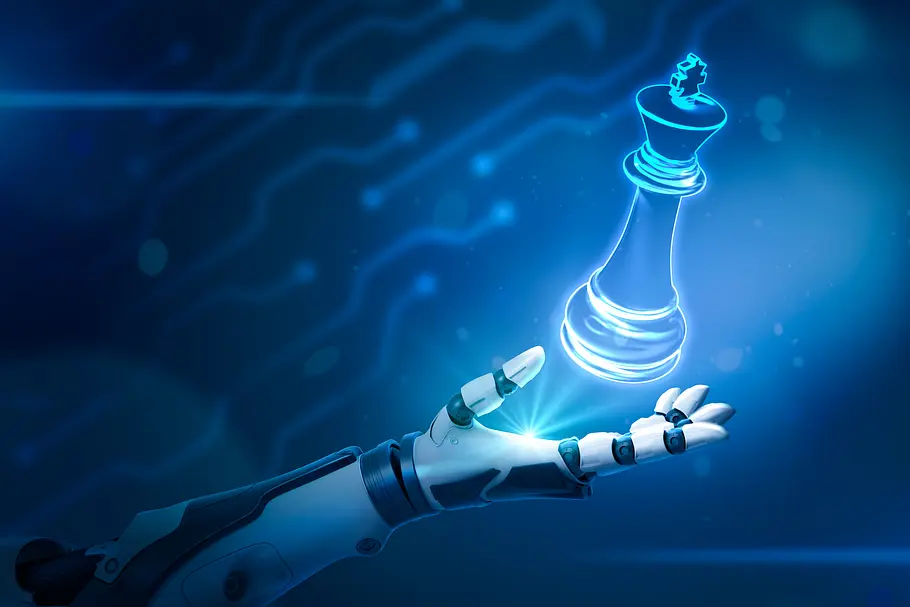 Schachcomputer Eine Schachfigur schwebt über einer Roboterhand vor einem futuristischen Hintergrund.