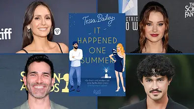Collage zeigt Buchcover von „It Happened One Summer“ sowie Porträts von Nina Dobrev, Virginia Gardner, Tyler Hoechlin und Gavin Leatherwood. - Foto: KYSS; IMAGO / Starface / Newscom World / Independent Photo Agency Int. /ABACAPRESS