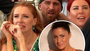Collage: Georgina Fleur; Gigi Birofio; Kate Merlan schauen schockiert, Kreis: Jasmin Herren schaut top gestylt in die Kamera - Foto:  Joyn