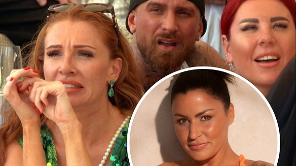 Collage: Georgina Fleur; Gigi Birofio; Kate Merlan schauen schockiert, Kreis: Jasmin Herren schaut top gestylt in die Kamera - Foto:  Joyn