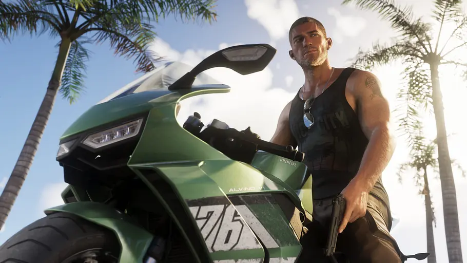 Jason Duval in GTA 6 Jason Duval posiert auf einem Motorrad in GTA 6
