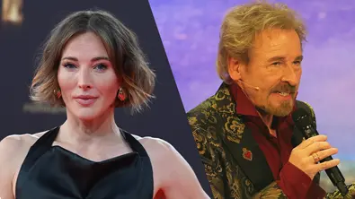 Links: Jeannine Michaelsen mit geradem Blick in die Kamera. Rechts: Thomas Gottschalk mit einem Mikrofon in der Hand. - Foto: IMAGO / Horst Galuschka / Bildagentur Monn