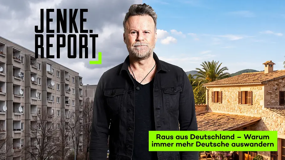 JENKE. Report. Raus aus Deutschland heute im TV Jenke von Wilmsdorff steht zwischen grauem Wohnblock und sonnigem Steinhaus. Text wirbt für die neue Folge „Jenke. Report“ zum Thema Auswandern.