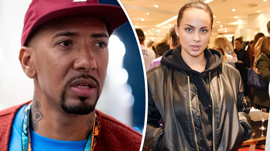 Jérôme Boateng äußerte sich in der Doku erstmals zu Kasia Lenhardts Tod. Collage: Jérôme Boateng in Großaufnahme, Kasia Lenhardts auf einem Event.