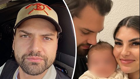 Collage: Links Jimi Blue Ochsenknecht nach seiner Freilassung mit Bart, rechts Jimi Blue, Yeliz Koc und Baby Snow mit zensiertem Gesicht - Foto: Instagram/Jimi-Blue / Instagram/Yeliz-Koc