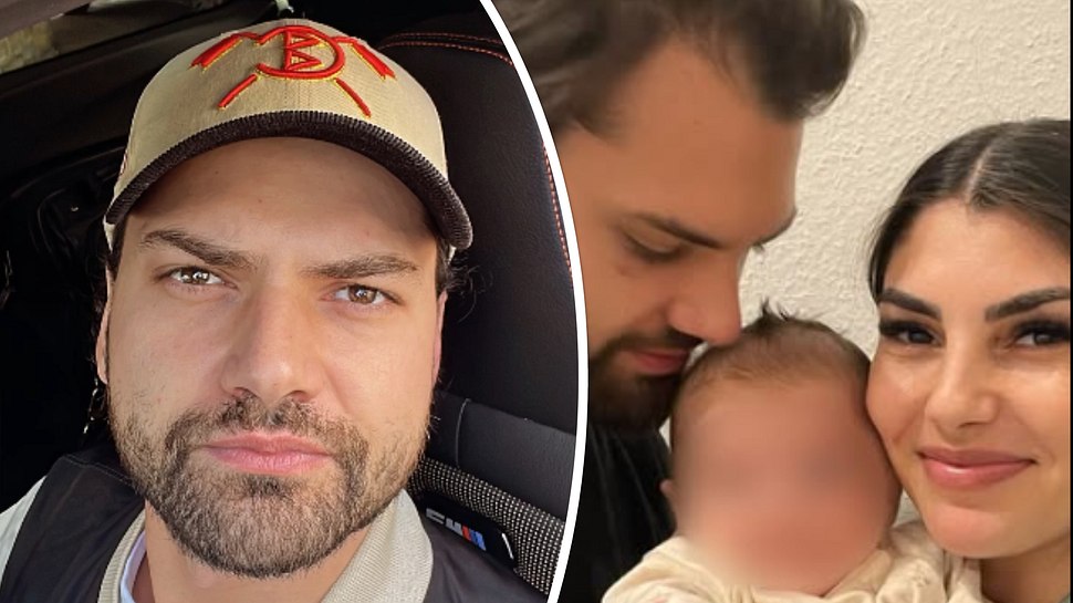 Collage: Links Jimi Blue Ochsenknecht nach seiner Freilassung mit Bart, rechts Jimi Blue, Yeliz Koc und Baby Snow mit zensiertem Gesicht - Foto: Instagram/Jimi-Blue / Instagram/Yeliz-Koc