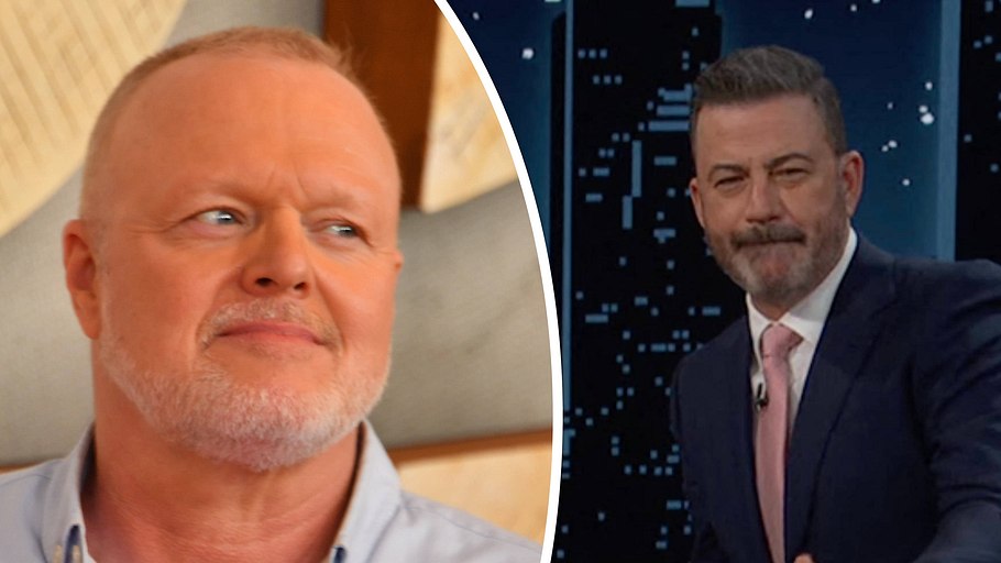 Collage: Links Stefan Raab schaut besorgt, rechts Jimmy Kimmel angespannt