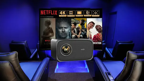 Der Jimveo E88 4K-Beamer mit Netflix Serien in einem Heimkino. - Foto: TVM / PR Der Jimveo E88 4K-Beamer mit Netflix Serien in einem Heimkino. - Foto: TVM / PR