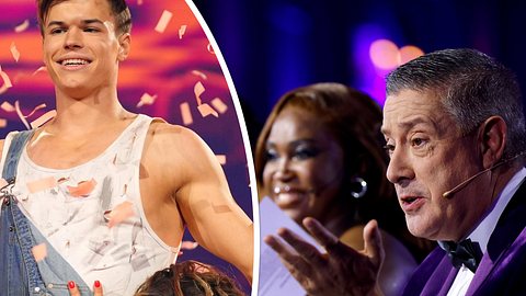 Collage: Taliso Engel beim Triotanz mit Patricija Ionel und Renata Lusin, rechts: Joachim Llambi gestikuliert genervt - Foto: RTL / Stefan Gregorowius &  IMAGO / Panama Pictures