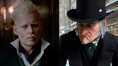 Collage zeigt Johnny Depp als Grindelwald und fiktiven Charakter Ebenezer Scrooge. - Foto: Warner Bros. Entertainment Inc. / Walt Disney Studio Motion Pictures