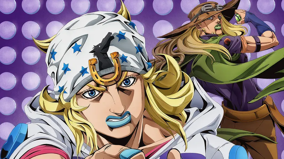 JoJo’s Bizarre Adventure: Steel Ball Run Artwork Das Artwork zu JoJo’s Bizarre Adventure: Steel Ball Run auf Netflix zeigt zwei Anime-Figuren in Nahaufnahme vor einem pinken Hintergrund
