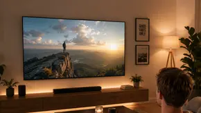 Redakteur Joris Ujen schaut auf 75-Zoll-TV in einem gemütlichen Wohnzimmer und hält eine Schale Popcorn in der Hand - Foto: TV Movie / Privat / KI-generiert