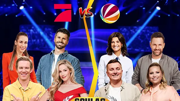 Eine Fotocollage zeigt vier Teilnehmer von Sat.1 vs. vier Teilnehmer von ProSieben bei Schlag den Star - Foto: Joyn