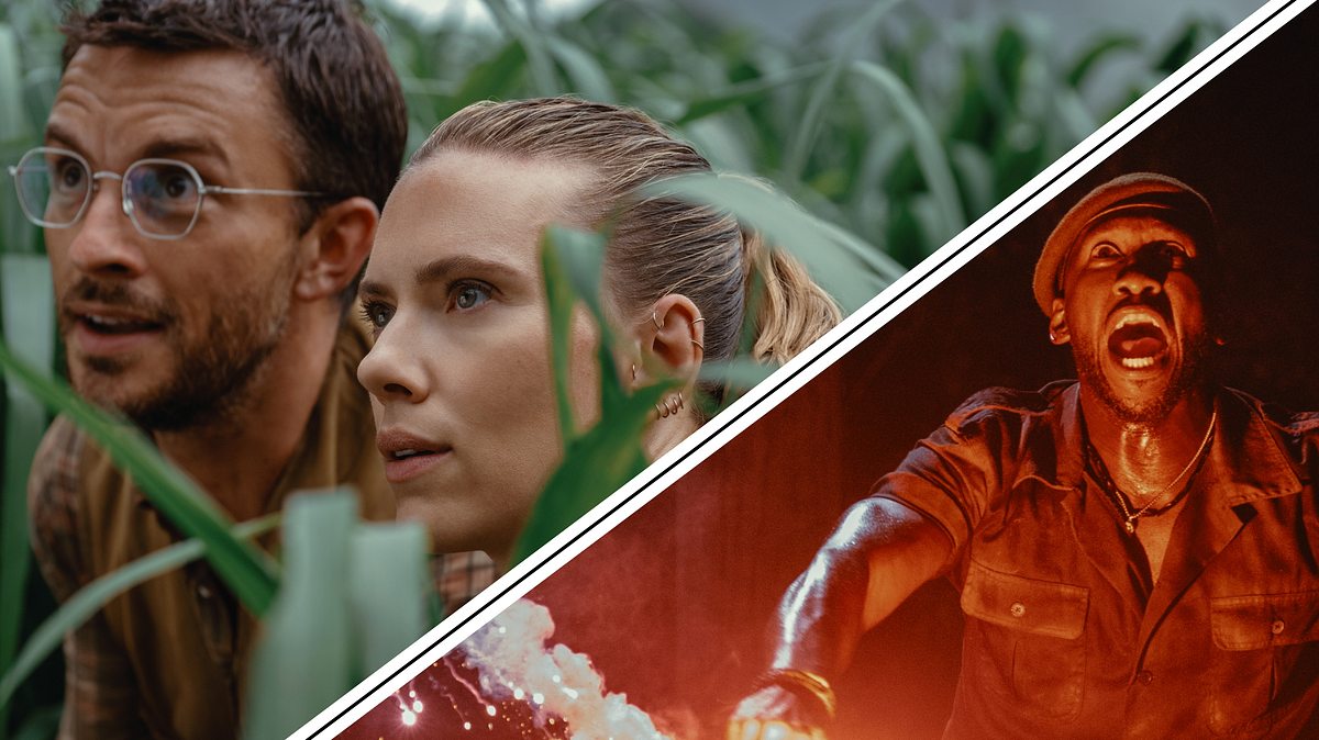 Collage: Scarlett Johansson als Zora Bennett, Jonathan Bailey als Dr. Henry und Mahershala Ali als Duncan Kincaid mit einer Leuchfackel