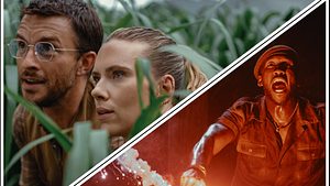 Collage: Scarlett Johansson als Zora Bennett, Jonathan Bailey als Dr. Henry und Mahershala Ali als Duncan Kincaid mit einer Leuchfackel - Foto: © Universal Studios