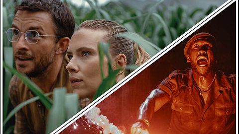 Collage: Scarlett Johansson als Zora Bennett, Jonathan Bailey als Dr. Henry und Mahershala Ali als Duncan Kincaid mit einer Leuchfackel - Foto: © Universal Studios