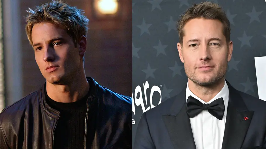 Justin Hartley Collage zeigt Justin Hartley damals und heute.