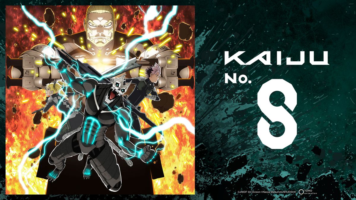 Key-Art der zweiten Staffel von „Kaiju No.8“: In Zentrum türmt Isao vor Kafka in Kaiju-Form. Links und rechts stehen Gen und Kikuro