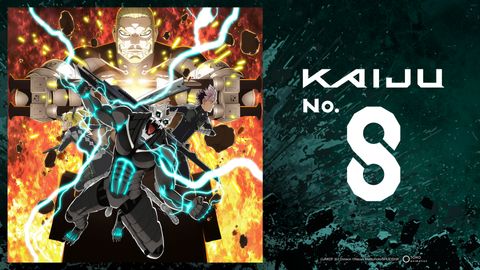 Key-Art der zweiten Staffel von „Kaiju No.8“: In Zentrum türmt Isao vor Kafka in Kaiju-Form. Links und rechts stehen Gen und Kikuro - Foto: Toho Animation