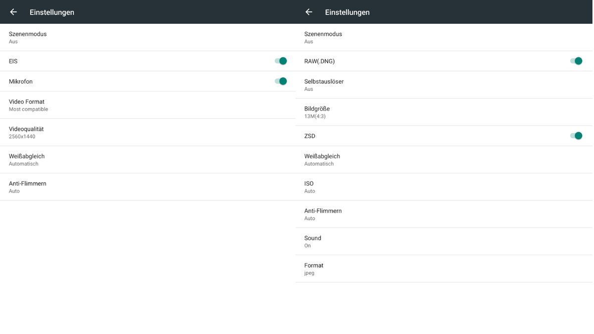 Kameramodi Volla Tablet Zwei Screenshots von Einstellungsmöglichkeiten der Kamera.