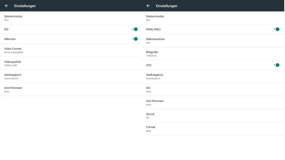 Zwei Screenshots von Einstellungsmöglichkeiten der Kamera.