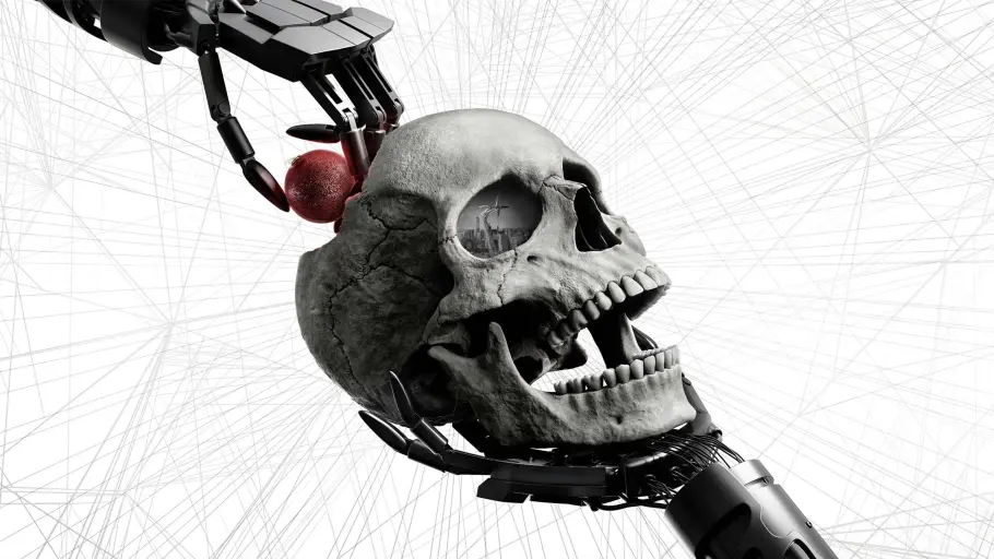 Kann KI fühlen und lieben? Eine alte Frage, die nichts an ihrer Aktualität verloren hat. Ein mechanischer Arm legt eine rote Kugel in einen menschlichen Schädel.