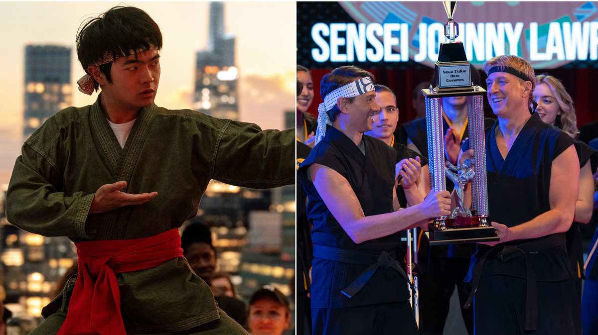 Li trifft Daniel LaRusso - aber auch Johnny Lawrence? Auf der linken Seite des Bildes steht Li in Kampfpose. Rechts halten Daniel LaRusso und Johnny Lawrence einen Karate-Pokal.