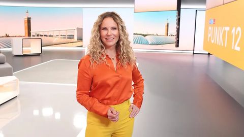 Katja Burkard steht im „Punkt 12“-Studio, sie lächelt in die Kamera. - Foto: RTL / Frank Hempel