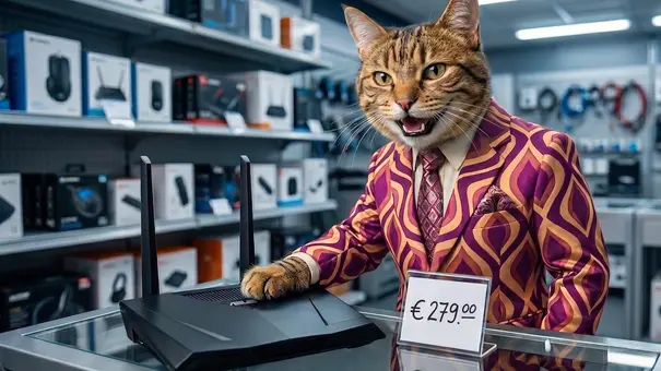 Katze verkauft teuren Router - Foto: KI-generiert / TV Movie