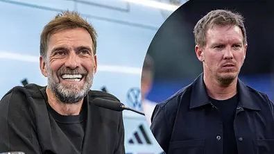 Eine Collage von einem lächelnden Jürgen Klopp (links) und einem traurigen Julian Nagelsmann (rechts) - Foto: Collage: IMAGO / Ulmer/Teamfoto / Jan Huebner Eine Collage von einem lächelnden Jürgen Klopp (links) und einem traurigen Julian Nagelsmann (rechts) - Foto: Collage: IMAGO / Ulmer/Teamfoto / Jan Huebner