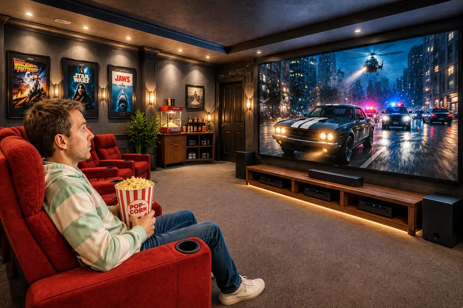 Aufmacherbild 85 Zoll Fernseher Gemütliches Heimkino, Redakteur Joris Ujen sitzt auf einem roten Kinositz mit Popcorn in der Hand und schaut auf einen 85-Zoll-Fernseher, auf dem gerade eine wilde Verfolgungsjagd zu sehen ist.