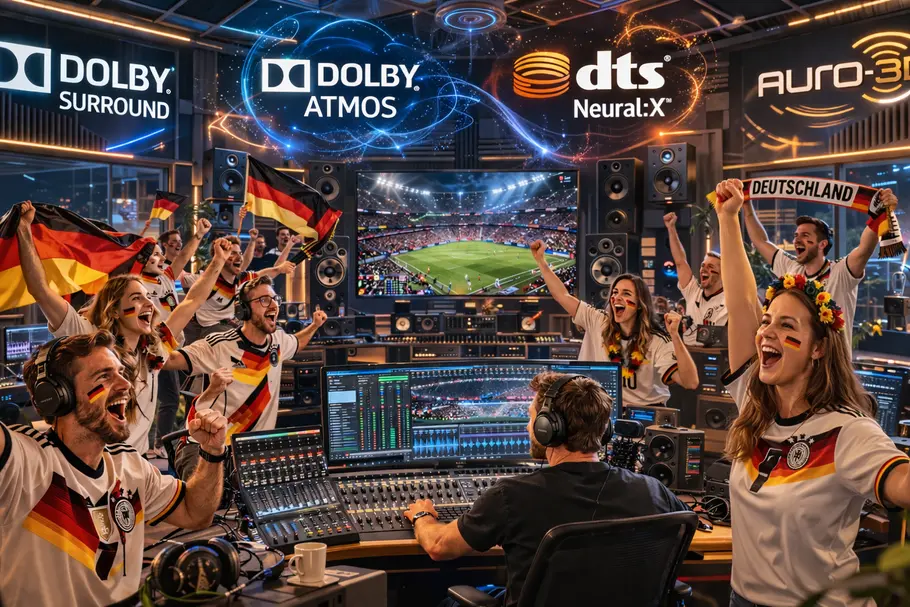 Mann sitzt am Mischpult eines Tonstudios umgeben von jubelnden Deutschlandfans, ganz oben sind die Logos von Dolby Surround, Dolby Atmos, DTS Neural:X, Auro-3D