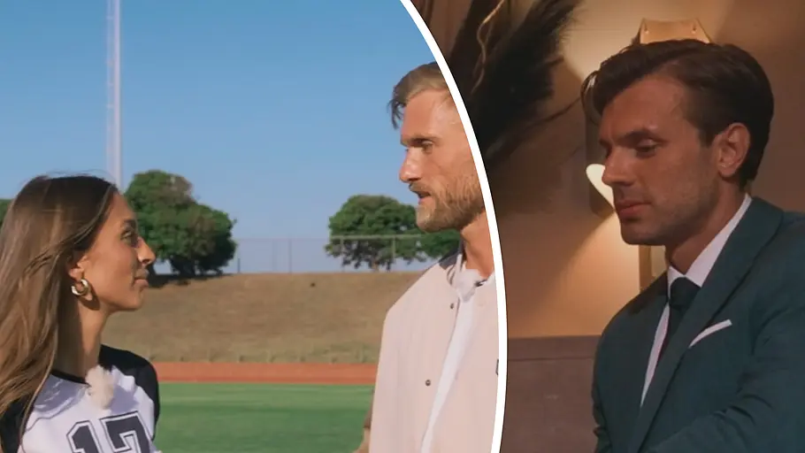 Bachelors-Kim: Vorgeschichte Sebastian und Tim Collage zeit Kim im Gespräch mit Bachelor Sebastian Paul, rechts ein nachdenklicher Tim Reitz.