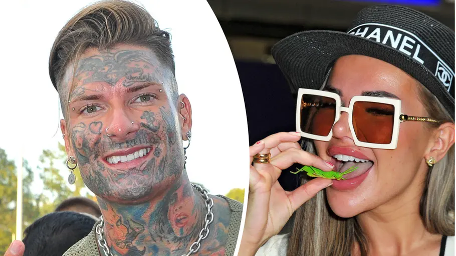 Kim Virginia und Nikola sind Promi-Big-Brother-Teilnehmer Nikola Grey lächelt links mit tätowiertem Gesicht. Rechts hält Kim Virginia Grey mit Sonnenbrille ein grünes Insekt an die Zunge.