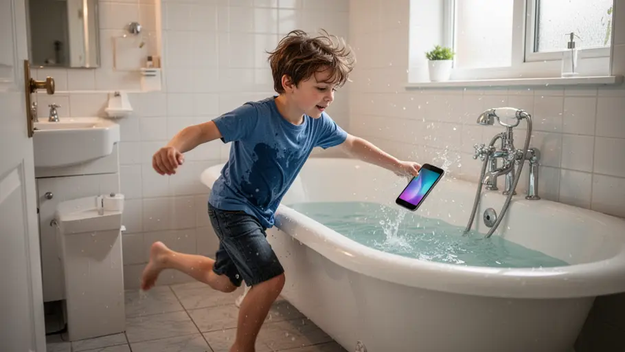 Kind Smartphone Badezimmer Kind rennt mit Smartphone durch Badezimmer und lässt es fast fallen
