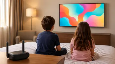 Zwei Kinder sitzen auf einem Hotelbett vor einem Fernseher mit buntem Bild, im Vordergrund steht ein Reiserouter auf einem Tisch. - Foto: TV Movie / KI Zwei Kinder sitzen auf einem Hotelbett vor einem Fernseher mit buntem Bild, im Vordergrund steht ein Reiserouter auf einem Tisch. - Foto: TV Movie / KI