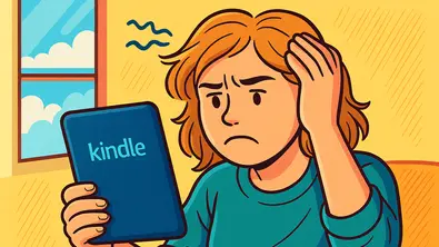 Illustration einer Person, die ein Gerät mit der Aufschrift „Kindle“ in der Hand hält und sich mit der anderen Hand an den Kopf fasst - Foto: tvmovie/Mit KI erstellt