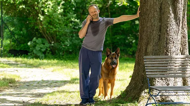 „Kommissar Rex und sein Begleiter Max stehen an einem Baum. - Foto: ORF/MR Film