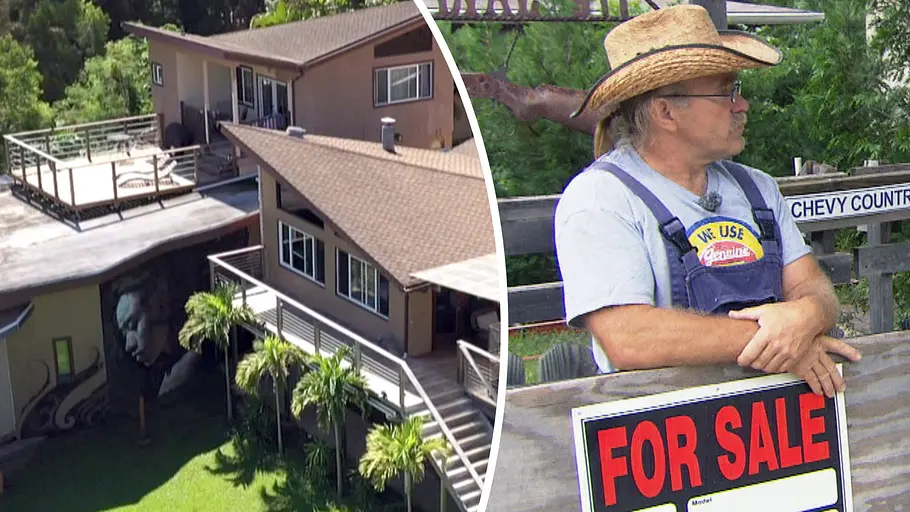 Verkaufspreis Reimann-Haus auf Hawaii Collage zeigt rechts Konny Island III auf Hawaii und rechts Konny Reimann mit eine For Sale-Schild. Für wie viel Geld kann man das Reimann-Haus auf Hawaii kaufen?