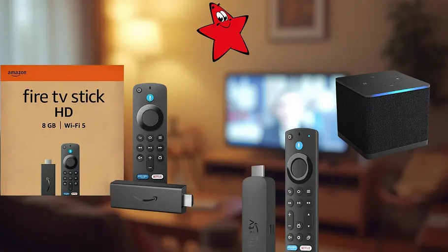 amazon fire tv stick guide Verschiedene Amazon Fire TV Sticks nebeneinander. Im Hintergrund ist ein Wohnzimmer zu sehen