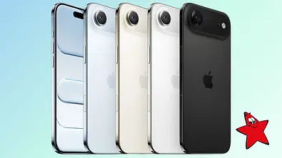 Mehrere iPhone Airs stehen nebeneinander in verschiedenen Farben, darunter Schwarz, Gold und Hellblau. Rechts im Bild ist das Logo von TV Movie - Foto: Apple/PR
