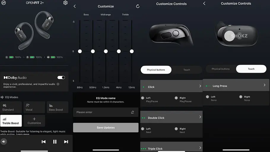 Verschiedene Einstellungen in der Shokz App.