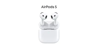AirPods 5 vor weißem Hintergrund mit Schriftzug zum Artikel - Foto: Apple AirPods 5 vor weißem Hintergrund mit Schriftzug zum Artikel - Foto: Apple