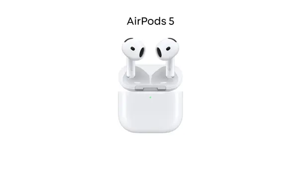 AirPods 5 vor weißem Hintergrund mit Schriftzug zum Artikel - Foto: Apple AirPods 5 vor weißem Hintergrund mit Schriftzug zum Artikel - Foto: Apple