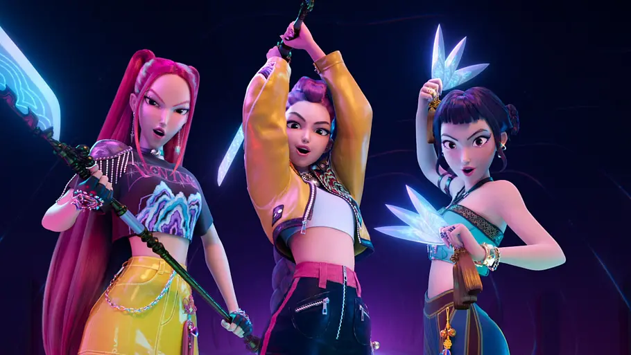 Szenenbild zeigt Hauptcharaktere aus „KPop Demon Hunters“.