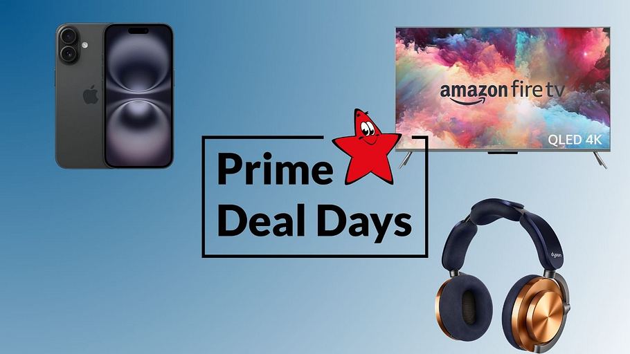 Prime Deal Days Schriftzug, daneben ein iPhone, Kpfhörer und Fernseher