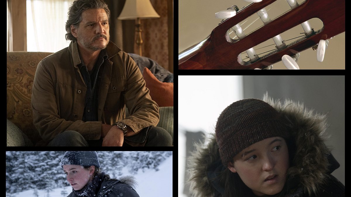 Last of Us: Fehler in der Serie Collage: Joel, Abby und Ellie in The Last of Us, dazu das Bild einer Gitarre