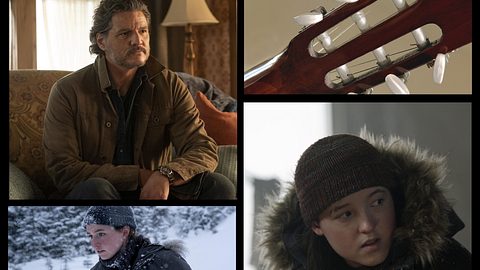 Collage: Joel, Abby und Ellie in The Last of Us, dazu das Bild einer Gitarre - Foto:  Home Box Office und IMAGO / blickwinkel